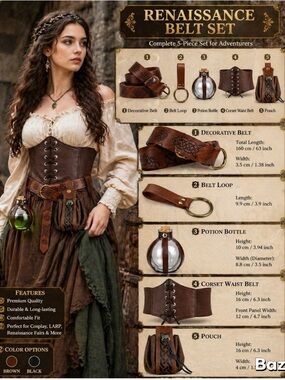 5 PCS Corset Renaissance Cosplay Belt Medieval Pouch Cork Potion Bottle Set